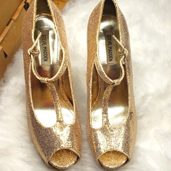 Steve Madden Revaa Gold Glitter Fabric Heels Sparkle bling 10 - Picture 6 of 9